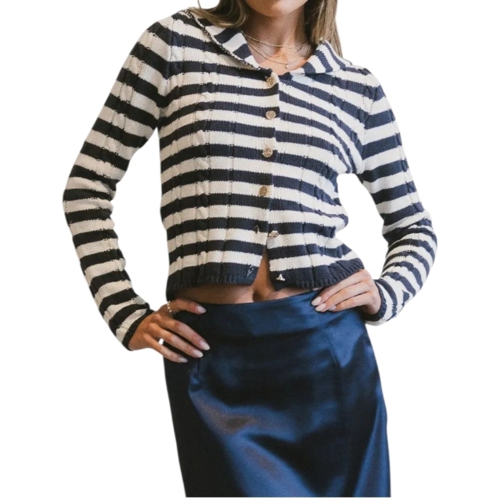 Böhme Blakley Cable Knit Striped Button Sweater Navy Sailor Collar Size M